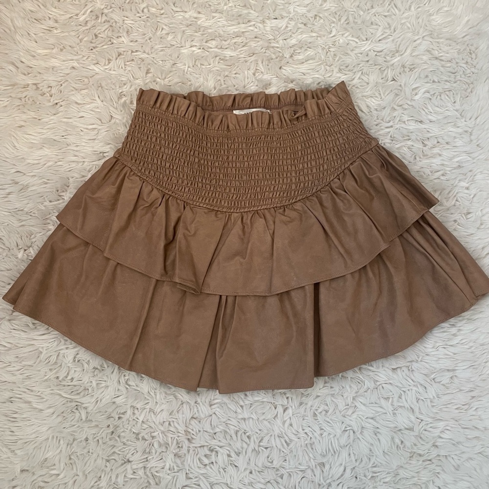 American Threads Brown Vegan Leather Tiered Mini Skirt w/ Built-In Shorts
